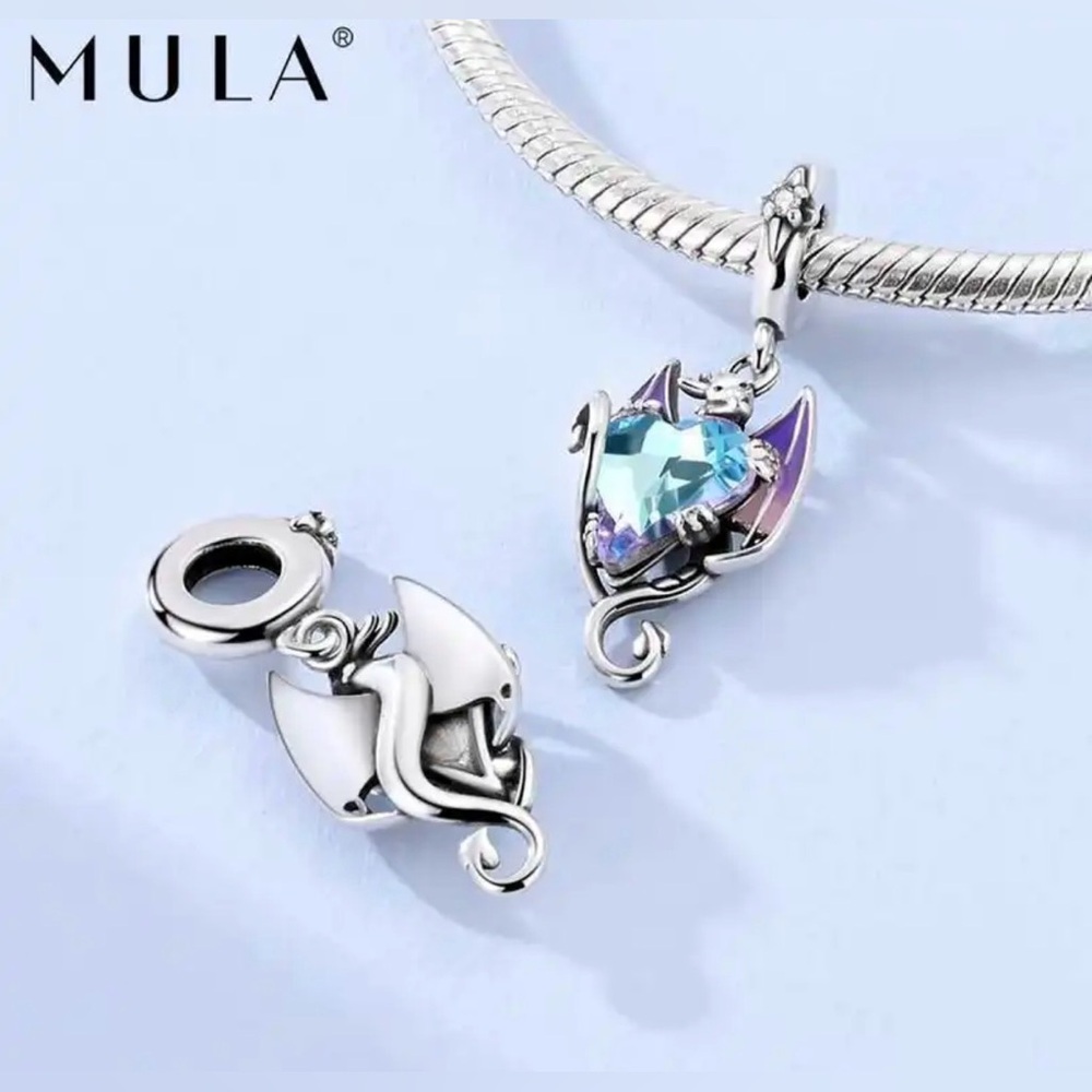 Silver and Purple Dragon Hugging Heart Charm Pendant - Picture 6 of 7